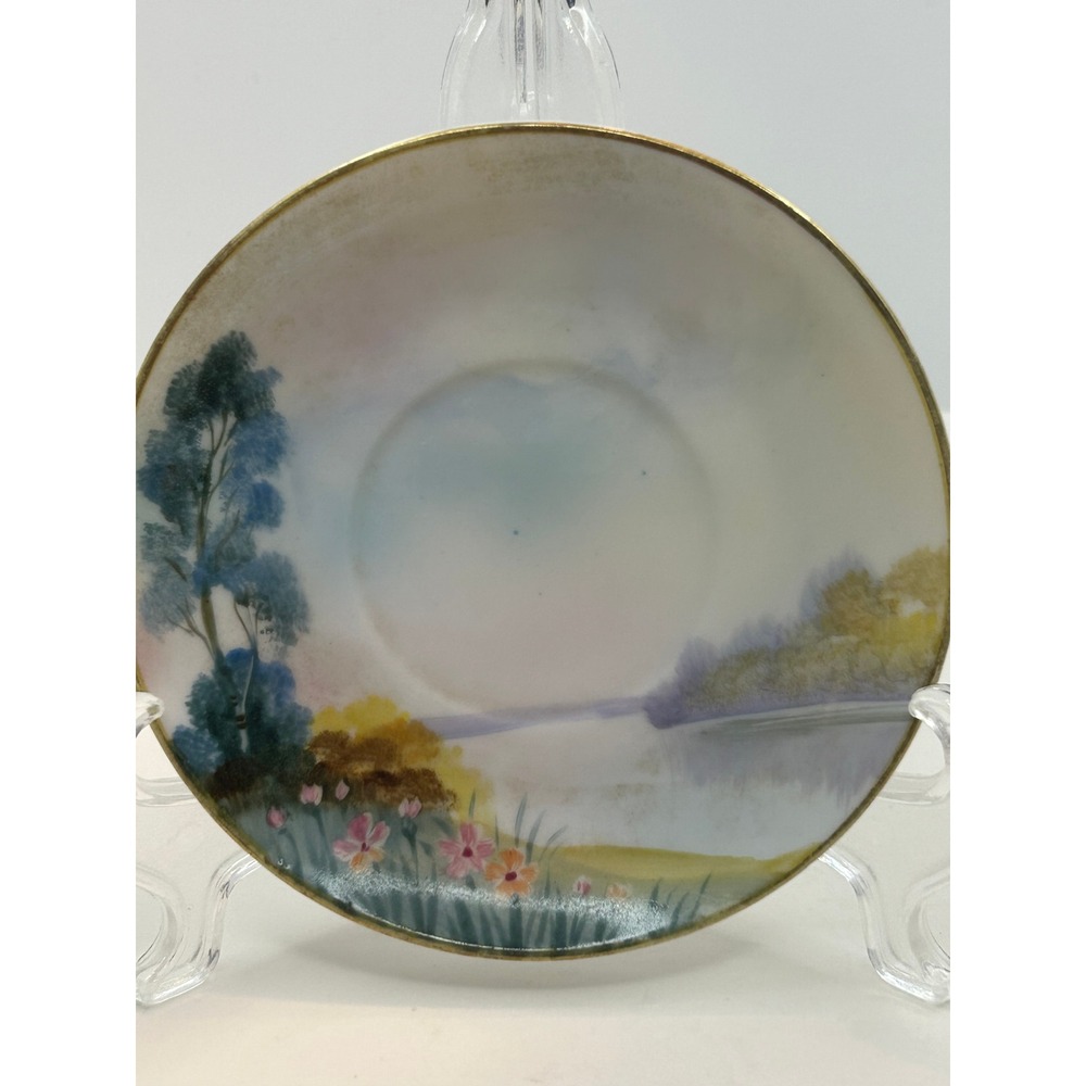 Hand Painted Porcelain Demitasse Cup & Saucer Set Swan Lake Landscape JAPAN - Picture 2 of 15